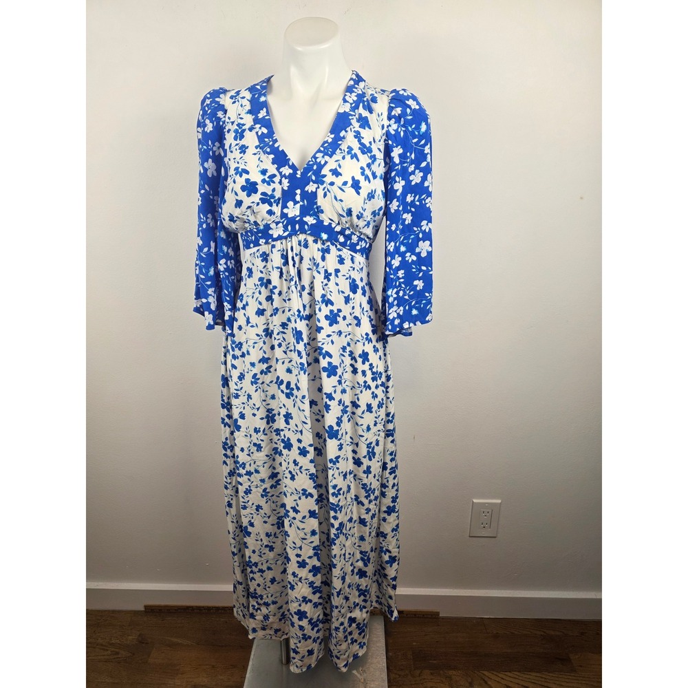 Seraphine Minnie Blue Floral Flounce Sleeve Nursing Maternity Midi Dress US 4